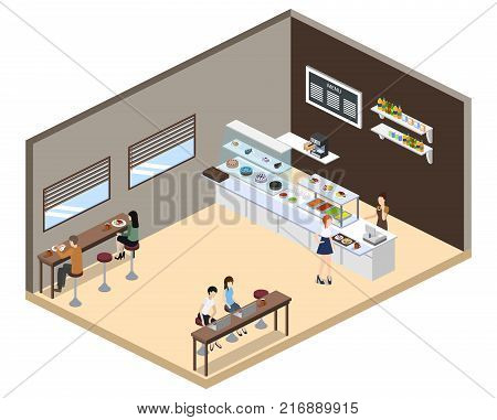 Isometric 3D Vector Illustration Design Interior Coffee Shop, Coffee Shop With Waitresses And Cakes