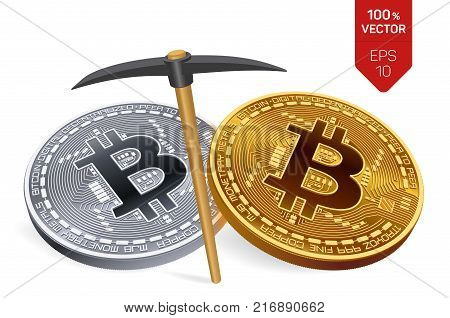 Bitcoin mining concept. 3D isometric Physical bit coin with pickaxe. Digital currency. Cryptocurrency. Golden and silver coins with bitcoin symbol isolated on white background. Vector illustration
