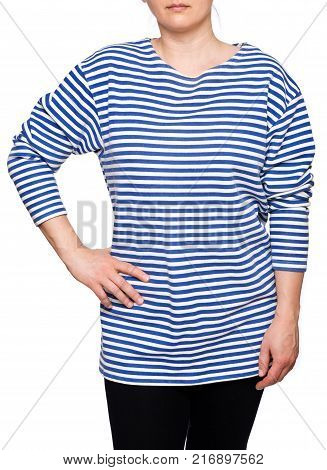 Young woman is wearing long sleeved telnyashka russian navy striped shirt isolated on white background
