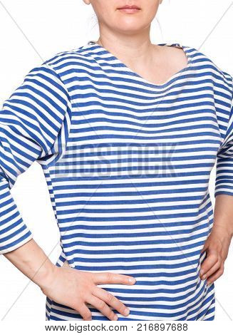 Young woman is wearing long sleeved telnyashka russian navy striped shirt isolated on white background