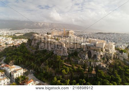 Acropolis of Athens ancient citadel in Greece, aerial view