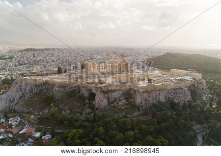 Acropolis of Athens ancient citadel in Greece, aerial view