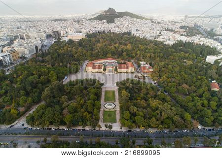aerial view of Zappeion in Athens and modern part of the city, Greece