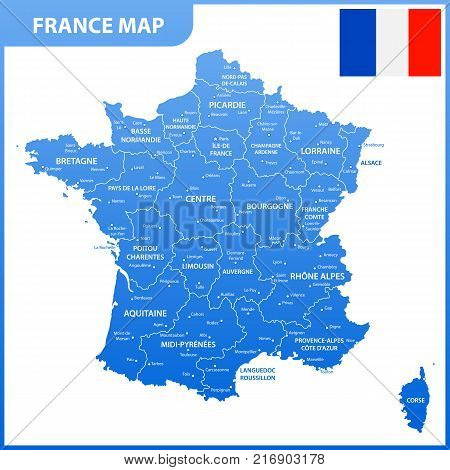 The detailed map of the France with regions or states and cities, capital, national flag