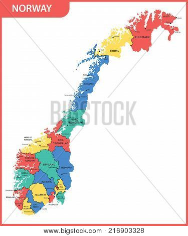 The detailed map of the Norway with regions or states and cities, capitals