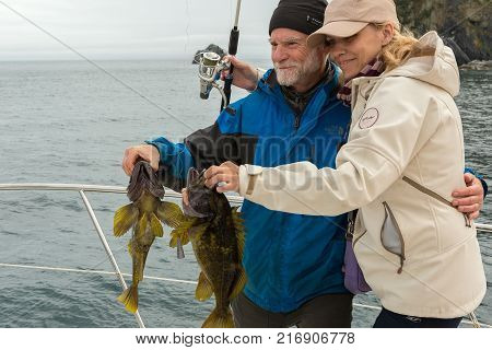 Kamchatka Peninsula, Russia - August 28, 2016: Tourists caught fish Mackerel on the hook. Bottom sea fishing in the Pacific near Kamchatka.