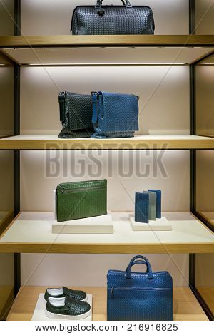 ROME, ITALY - CIRCA NOVEMBER, 2017: Bottega Veneta bags on display at a second flagship store of Rinascente in Rome.