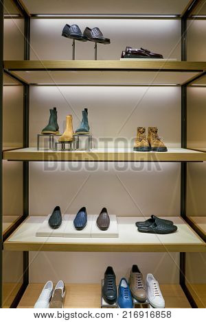 ROME, ITALY - CIRCA NOVEMBER, 2017: Bottega Veneta products on display at a second flagship store of Rinascente in Rome.