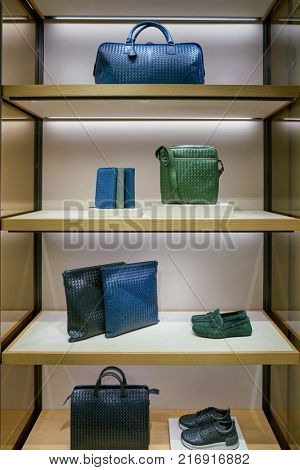 ROME, ITALY - CIRCA NOVEMBER, 2017: Bottega Veneta bags on display at a second flagship store of Rinascente in Rome.