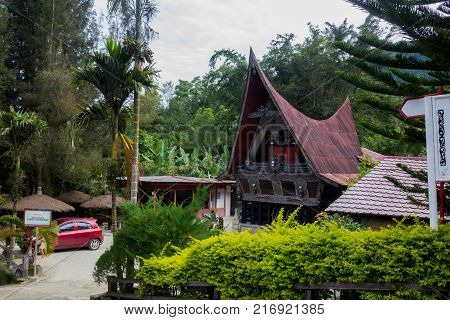 SUMATRA, INDONESIA - 16 SEPTEMBE 2017 : Ethnic traditional Batak House in Toba Lake of Sumatra Indonesia. Batak stands for the ethnic people living in the northern part of Sumatra Island of Indonesia.