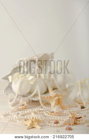 Christmas and New Year. Christmas tree white toys with ribbon. Selective focus.