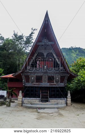 SUMATRA, INDONESIA - 16 SEPTEMBE 2017 : Ethnic traditional Batak House in Toba Lake of Sumatra Indonesia. Batak stands for the ethnic people living in the northern part of Sumatra Island of Indonesia.
