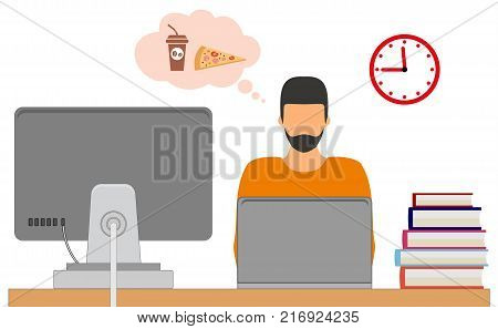 Lunch time. Office. The man behind the computer thinking about eating. Vector illustration.