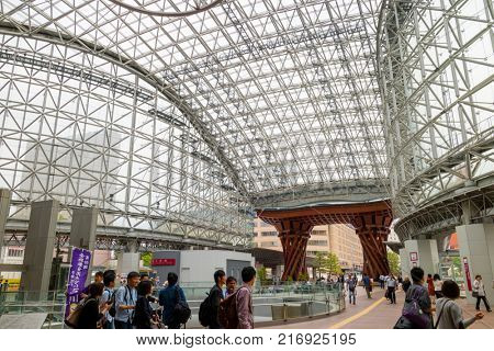 Kanazawa - Japan, June 6, 2017:Tsuzumi-mon Gate and the Motenashi Dome at the east entrance gate of Kanazawa major railway station 