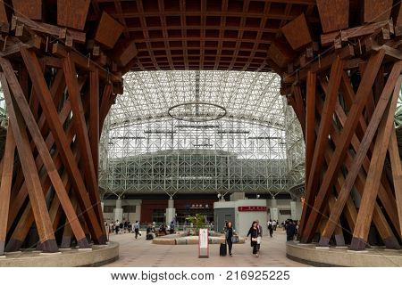  Kanazawa - Japan, June 6, 2017:Tsuzumi-mon Gate at the east entrance gate of Kanazawa major railway station 