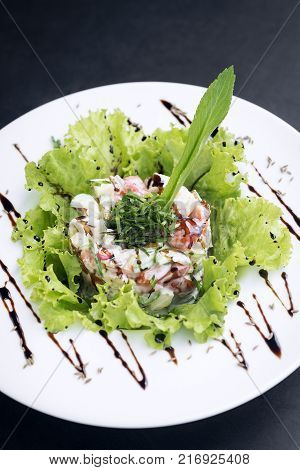 gourmet fusion cuisine seafood and apple celery salad with zesty wasabi mayo