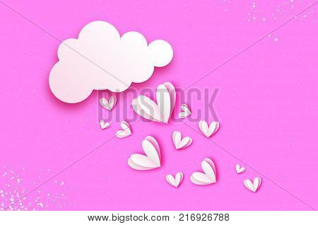 White rain of heart. Love with paper cut flying hearts. Romantic Invitation card. Origami Cloud. Happy Valentine's day. 14 February. Blue sky background. White day. Vector