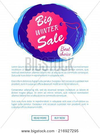 Big winter sale best choice hanging label on thread isolated on blue brush strokes vector illustration poster design with web online buttons