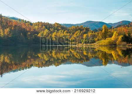 View of Mrzla vodica lake and Risnjak mountain, autumn landscape, Gorski kotar, Croatia