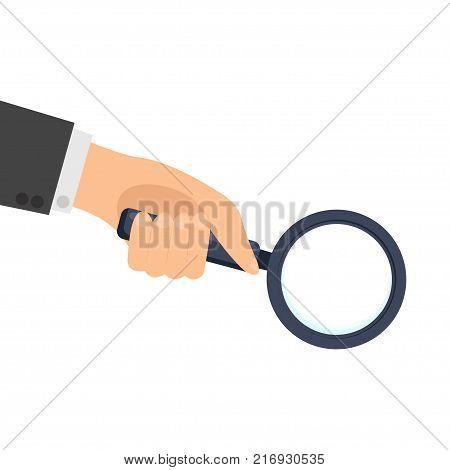 Hand holding a magnifying glass. Loupe searching, detecting and analyzation