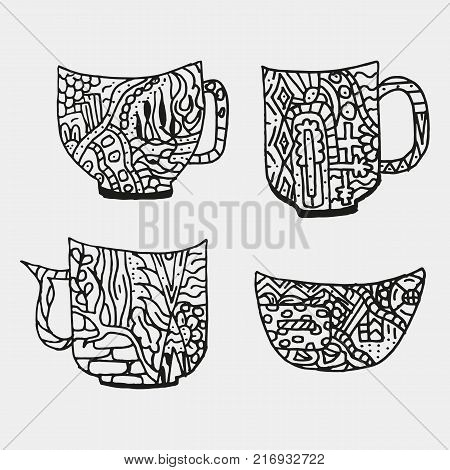 Pattern With Cups Isoltaed On White Background. For Adult Coloring Book. Hand Drawn, Doodle. Made By Trace From Sketch. Vector Illustration