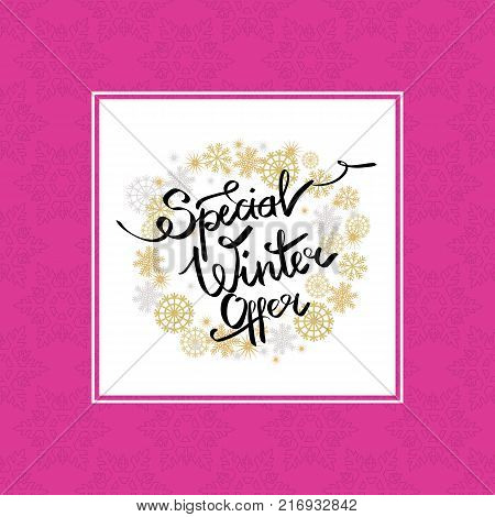 Special winter offer in decorative frame made of golden snowballs in x-mas frame isolated on white in purple frame with snowflakes on background