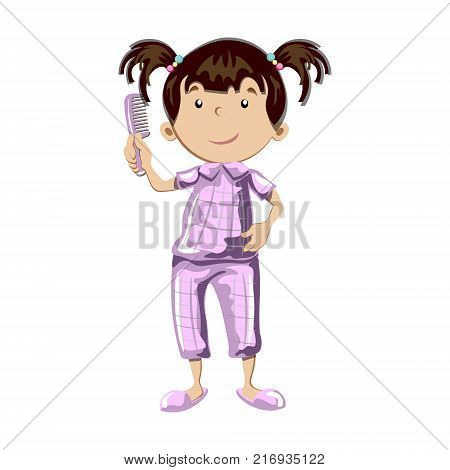 Little girl combing her hair. Vector illustration