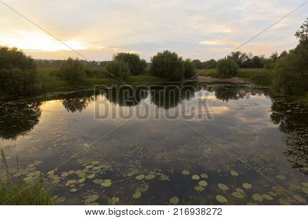 Pesterevskoe lake at sunset. Verkhovazhye, Vologda region, Russia