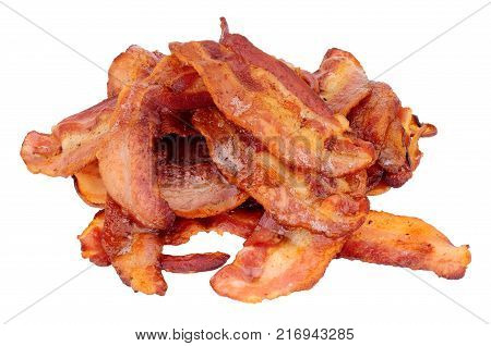 Fried streaky bacon slices isolated on a white background