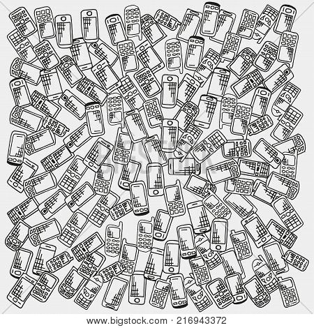 Pattern With Mobile Phones Isoltaed On White Background. For Adult Coloring Book. Hand Drawn, Doodle. Made By Trace From Sketch. Vector Illustration