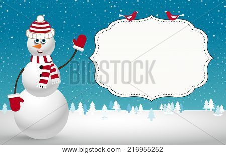 Christmas template. night landscape with snowman christmas treees on snowy night background and space for text. Vector illustration template.