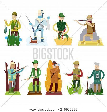Hunter vector set hunting gun in forest cartoon character in hat hunt with rifle or shotgun illustration isolated on white background.