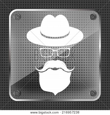 glass hat with mustache, beard and glasses isolated on a metallic background