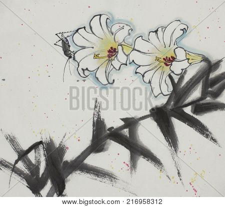 White lily and a small bug painted in Chinese style