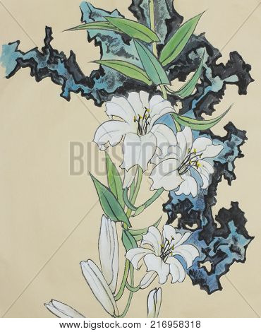 White lily and stones painted in Chinese style