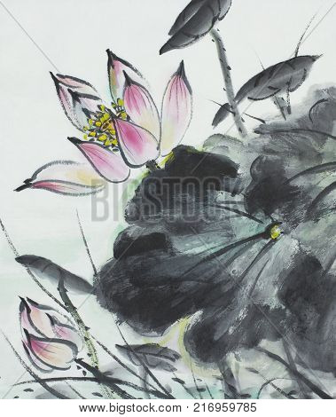 bright lotus flower painted in Chinese style