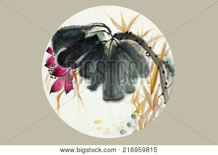 lotus flower painted in Chinese style ink