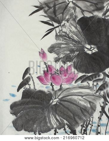 bright lotus flower painted in Chinese style