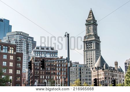 View of the historic Custom House skyscraper clock tower in skyline of Boston, Massachusetts USA