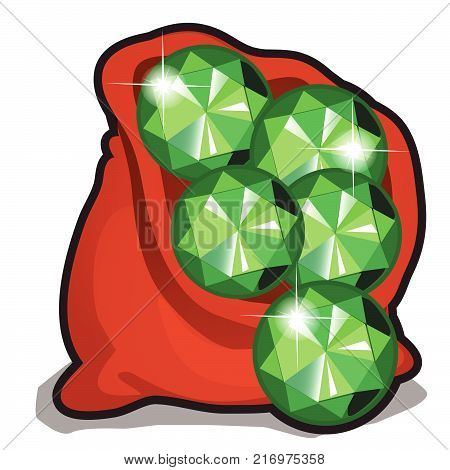 Red bag with emeralds isolated on white background. Vector cartoon close-up illustration.