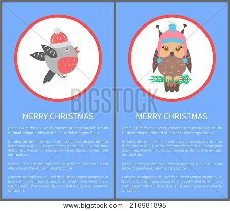 Merry Christmas 60s or 70s postcard congrats with beautiful bullfinch in warm winter hat and cute owl. Vector illustration with birds sitting on twig