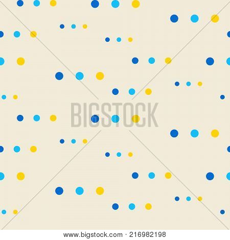 Dots shapes blue color seamless vector pattern. Basic simple circles geometric abstract repeat beige background.