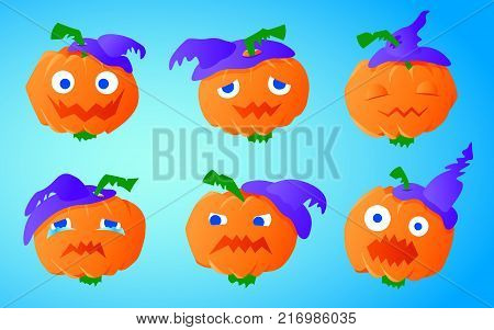 Funny pumpkin with a hat on a blue background. Different emotions for Halloween.