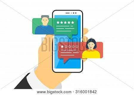 Hand Holding Smartphone With Feedback App Bubble Speeches And Avatars On Screen. Review Five Stars R