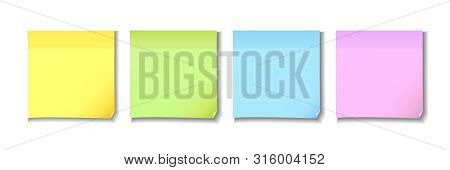 Yellow, Green, Blue And Pink Sticky Notes Paper. Four Post Note Colorful Paper On White Background. 