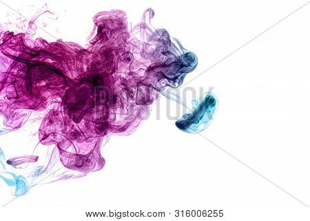 Frozen Abstract Movement Of  Explosion Smoke Multiple Blue And Pink Colors On White Background. Back