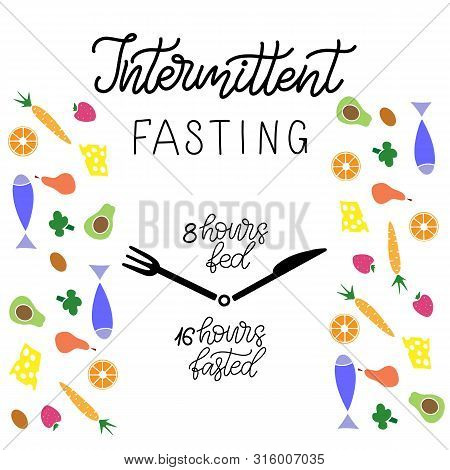 Intermittent Fasting Inscription With Icon Of Clock Like Plate With Knife And Fork. Weight Loss And 