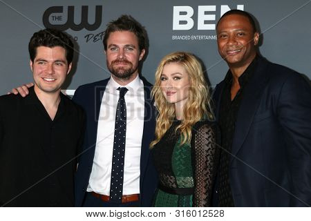 LOS ANGELES - AUG 4:  Ben Lewis, Stephen Amell, Katherine McNamara, David Ramsey at the  CW Summer TCA All-Star Party at the Beverly Hilton Hotel on August 4, 2019 in Beverly Hills, CA