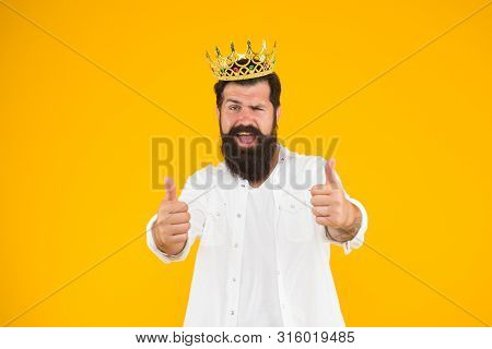 Superstar Concept. Bearded Man King Costume Party. Sense Of Self Importance. Handsome Bearded Guy Ki