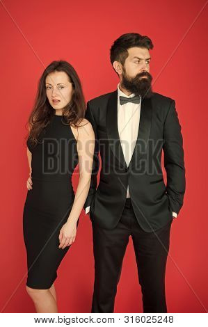 All Black Dress Code. Official Event Concept. Man Bearded Wear Tuxedo Girl Elegant Dress. Visiting E